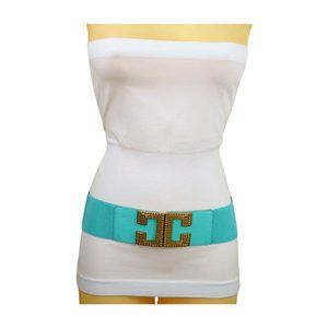 NEW Women Mint Green Shade Elastic Wide Belt Metal C Buckle Adjustable Size S M